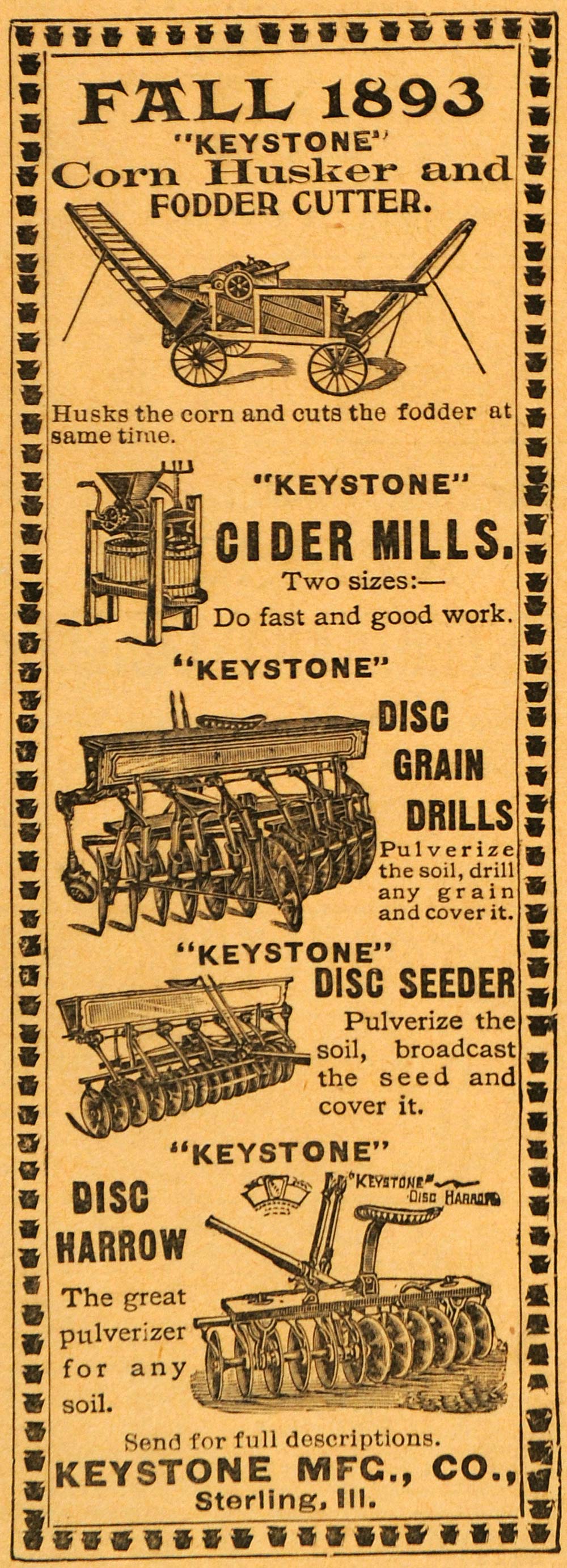 1893 Ad Keystone Farming Farming Machines Huskers Mills Seeders AAG1