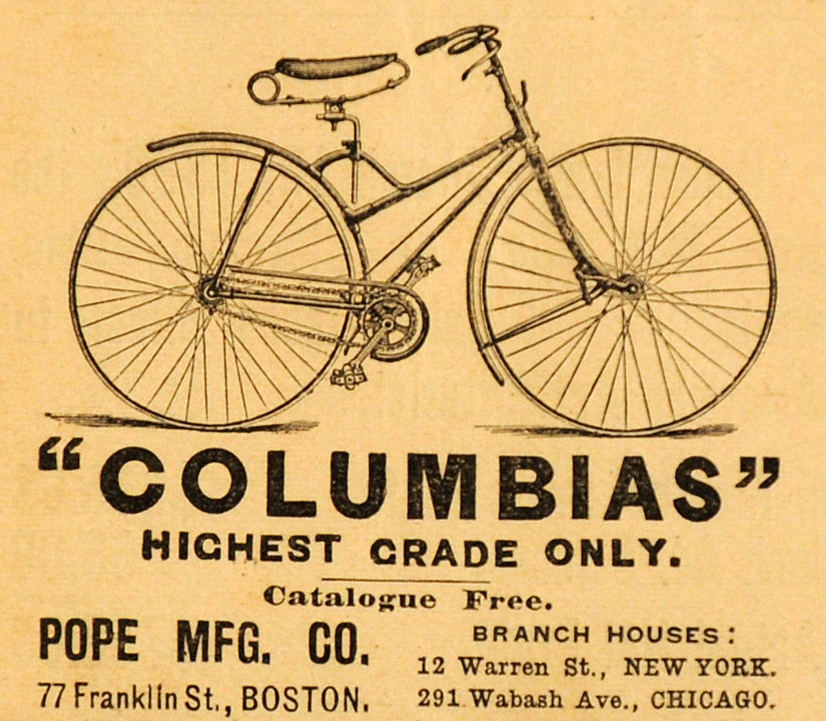 1890 Ad Antique Pope Columbia Bicycles Bikes Biking Cycling Physical A