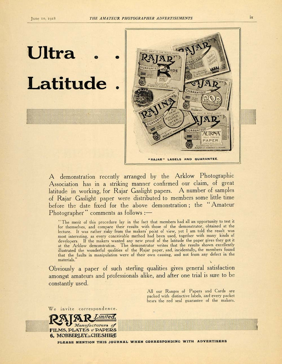 1918 Ad Rajar Gaslight Printing Paper Film Camera Photography Cheshire