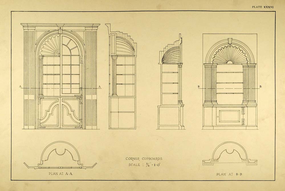 1925 Lithograph Historic Architecture Interior Cupboard Design Fanned ...