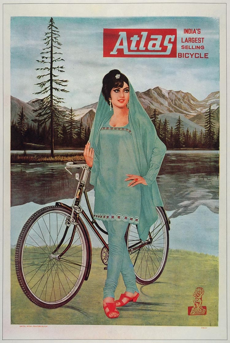 1973 Print Poster Ad Vintage Atlas Bicycle Indian Woman India Shree Des Raj Art