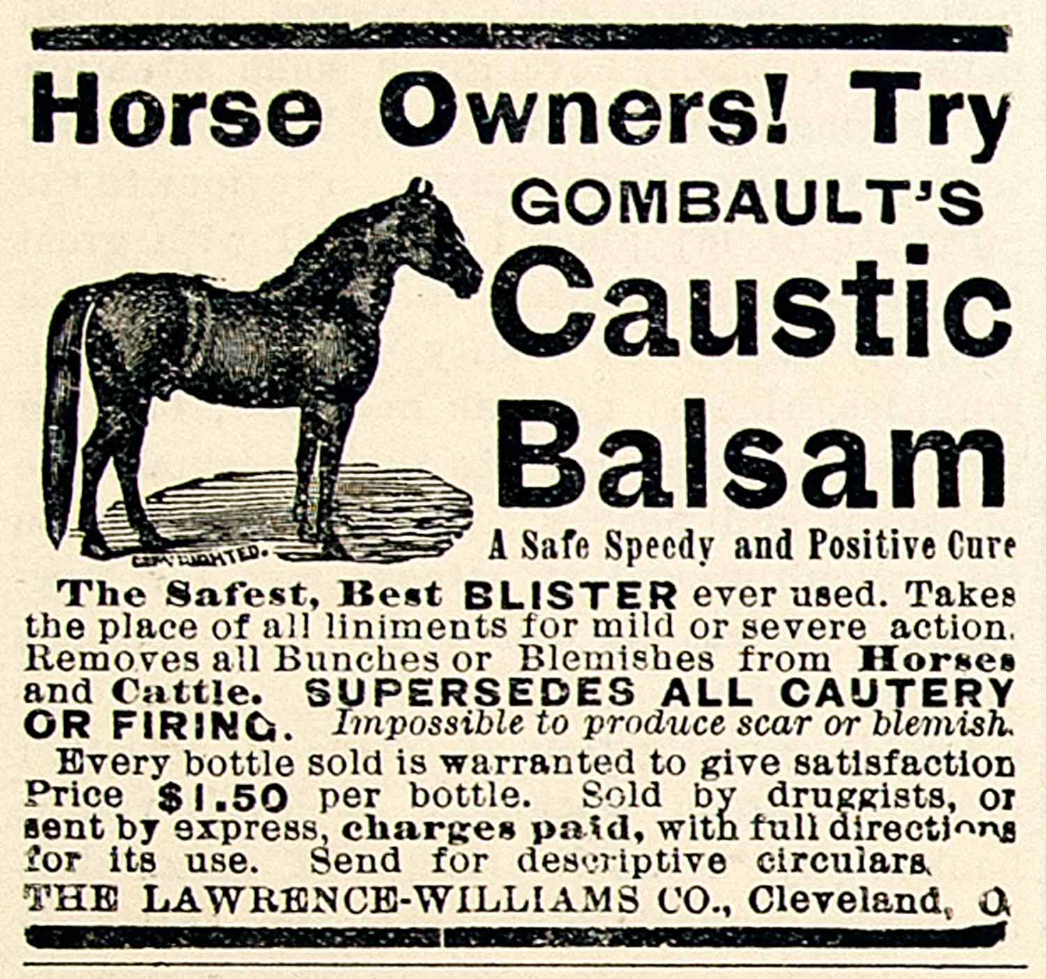 1893 Ad Lawrence-Williams Gombaults Caustic Balsam Horse Ointment Cure CCG1