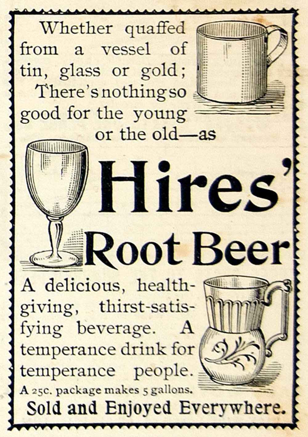 1893 Ad Hires Root Beer Soda Soft Drink Carbonated Beverage Tin Cup Glass CCG1
