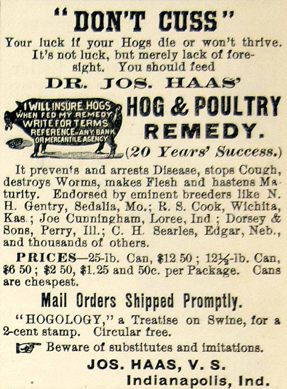 1895 Ad Dr Joseph Haas Hog Poultry Remedy Feed Livestock Farm Animal Swine CCG1