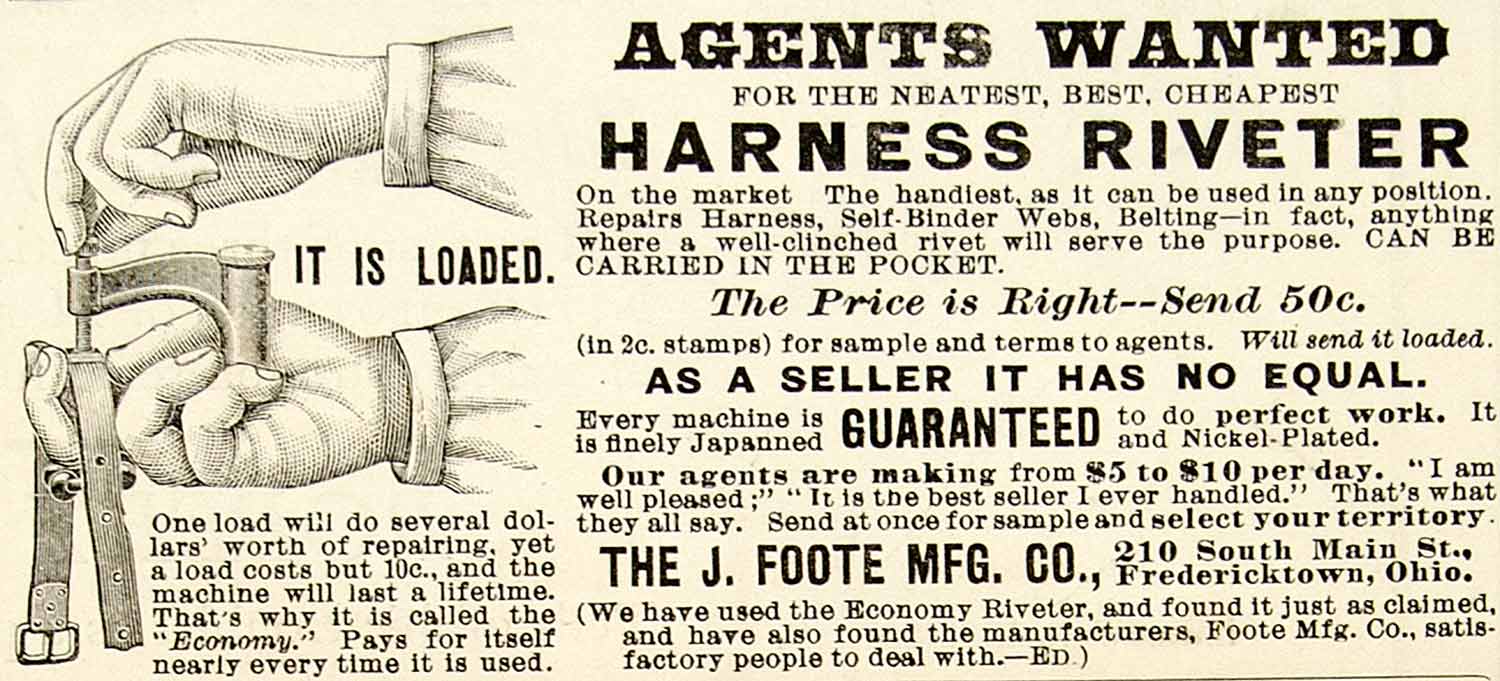 1899 Ad Harness Riveter J Foote 210 South Main St Fredericktown Ohio Tool CG3