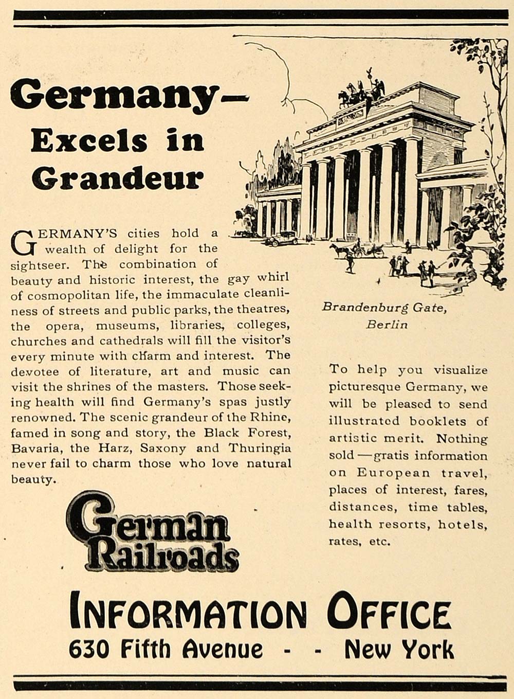 1926 Ad German Railroads Brandenburg Gate Berlin - ORIGINAL ADVERTISING CL8