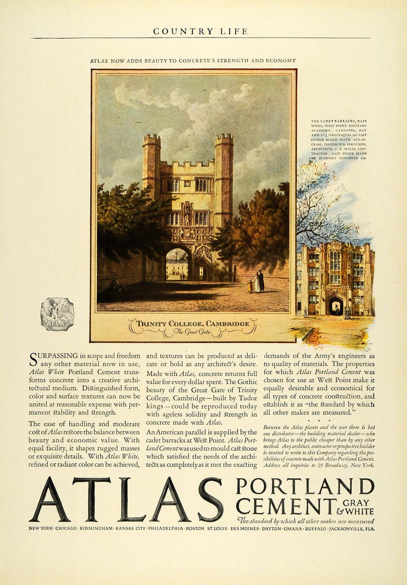 1926 Ad Atlas Portland Cement Trinity College Cambridge Gate Military