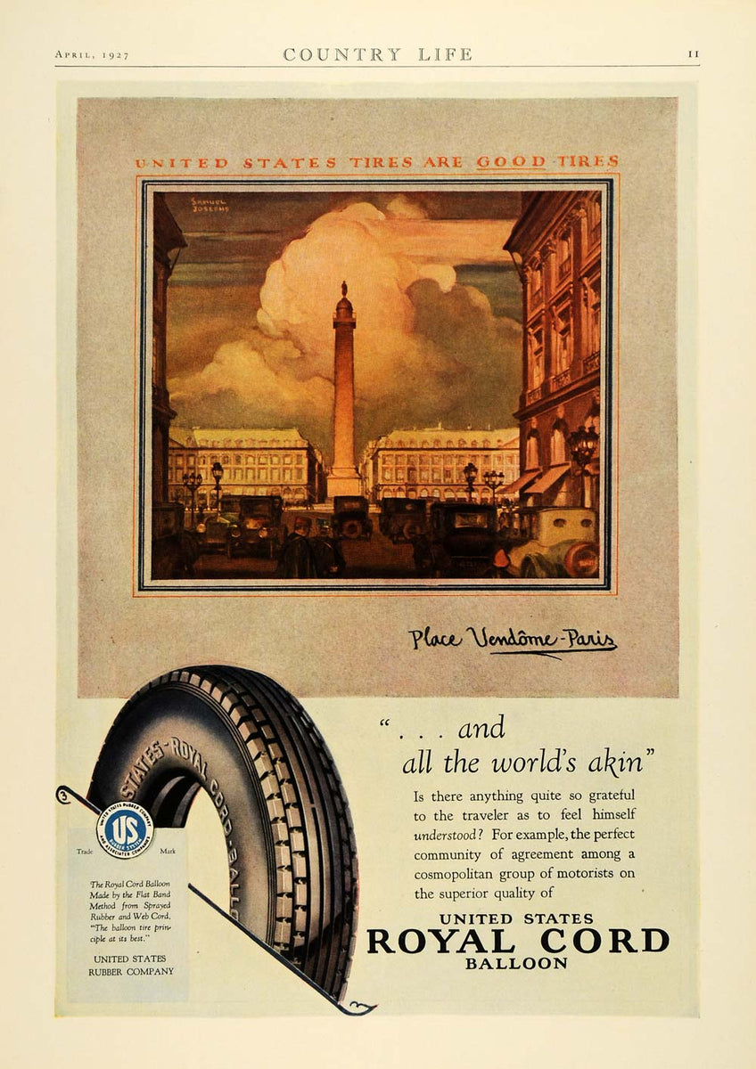 1927 Ad United States Royal Cord Balloon Tires Car Parts Place Vendome ...