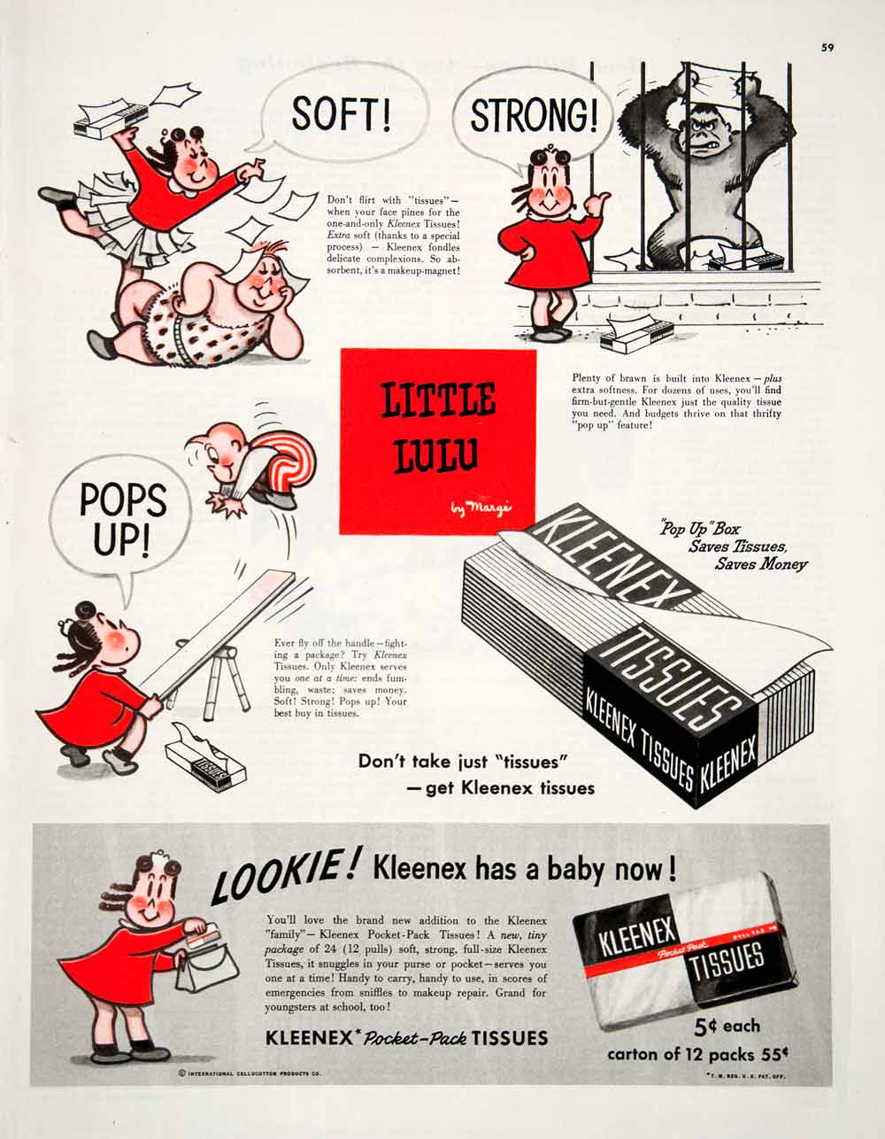 1950 Ad Kleenex Tissue International Cellucotton Little Lulu Moppet Marge COLL1