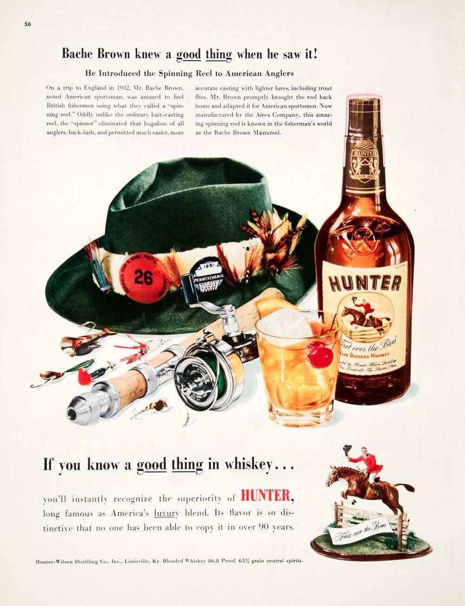 bache brown fishing reel 1951 Ad Hunter Wilson Distilling Whiskey Bache Brown Spinning Reel Ang –  Period Paper Historic Art LLC