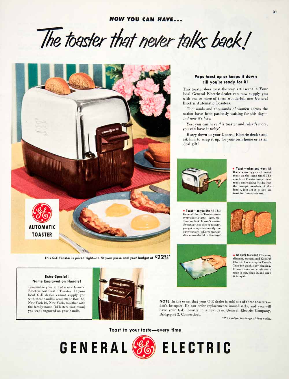 1952 Ad General Electric Automatic Toaster Personalized Breakfast Eggs COLL3