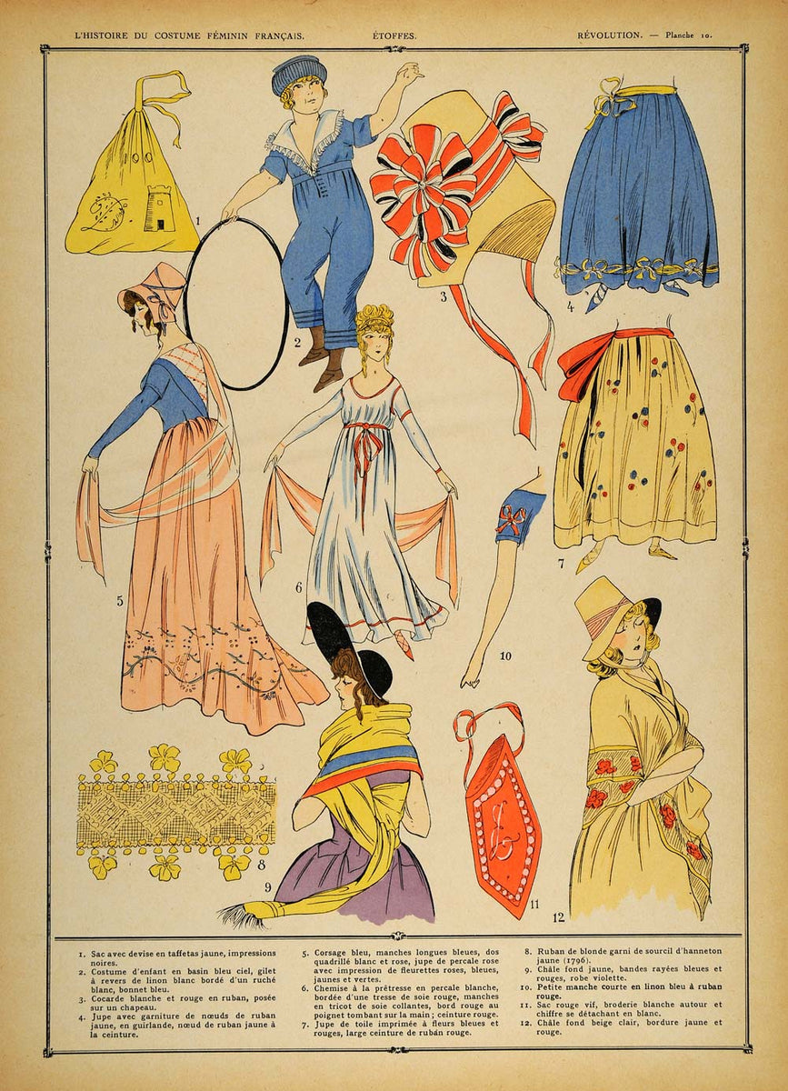 1922 Pochoir French Revolution Costume Fabric Child Hat ORIGINAL