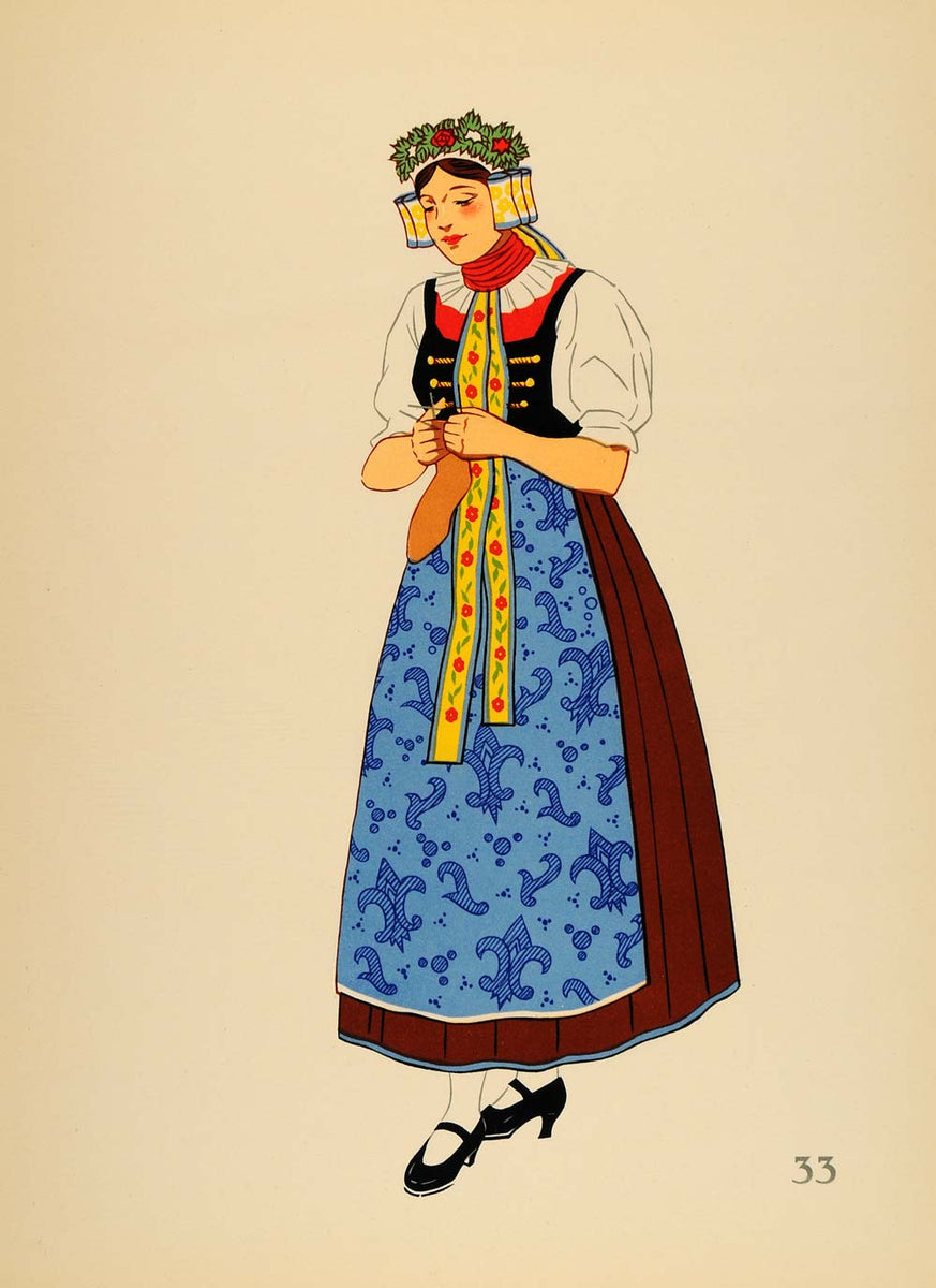 1939 Polish Folk Costume Woman Upper Silesia Lithograph ORIGINAL COS