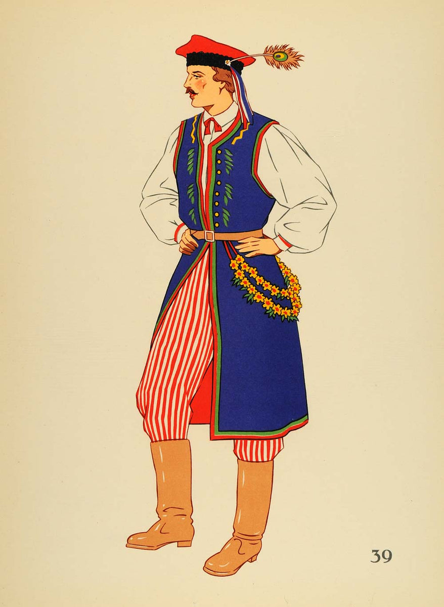 1939 Polish Folk Costume Man Krakow Poland Lithograph - ORIGINAL COS4 Period Paper Historic Art LLC 1939 Polish Folk Costume Man Krakow Poland Lithograph - ORIGINAL COS4 Period Paper Historic Art LLC