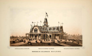 1876 Lithograph Centennial Fair Philadelphia Kansas Colorado State Building CXP1