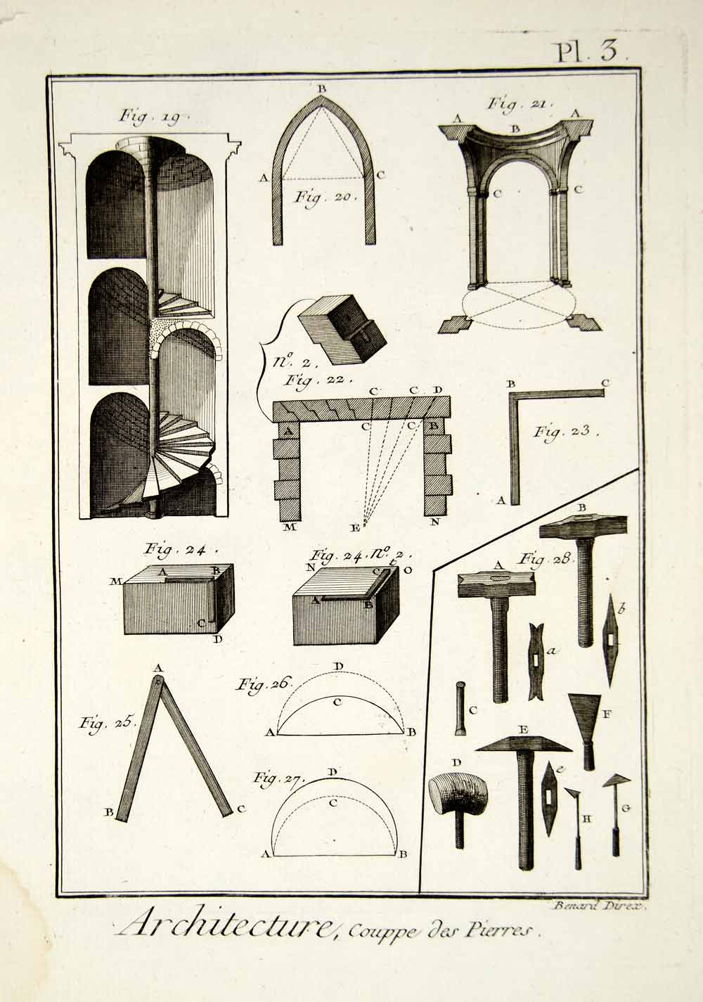 1779 Copper Engraving Architecture Stone Working Tools Masonry Mallet Print DDR2