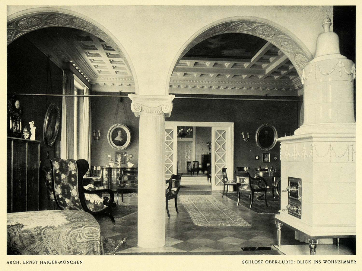 1913 Print Living Room Interior Arch Design Floral Art Fireplace DKU1 ...