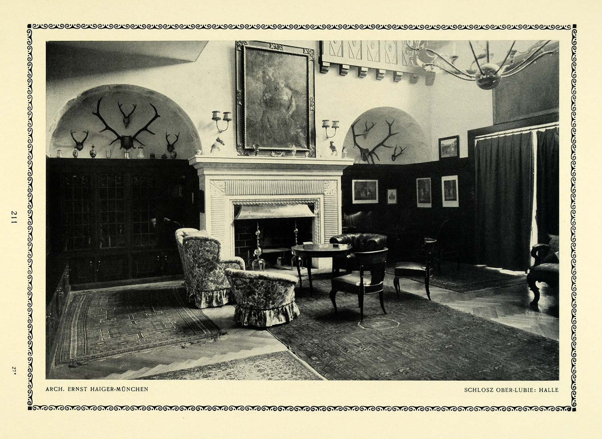 1913 Print Hall Antlers Fireplace Interior Design Chair Room Den Vault ...
