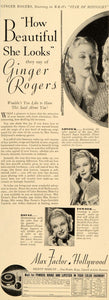 1935 Ad Max Factor Make-Up Studios Rouge Ginger Rogers Beauty Hollywood DL2