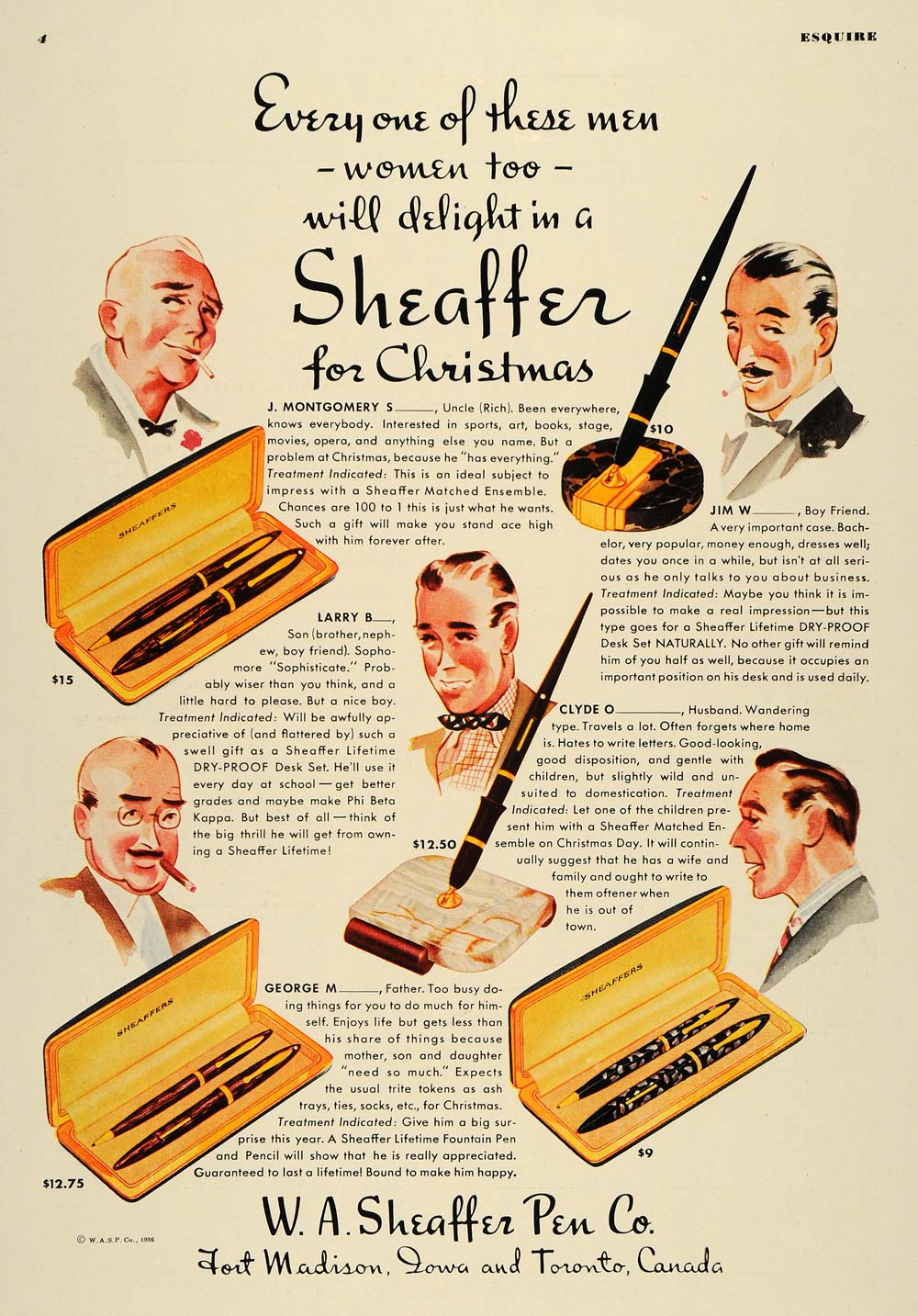 1936 Ad W. A. Sheaffer Fountain Pens Holiday Mens Gifts - ORIGINAL ESQ1