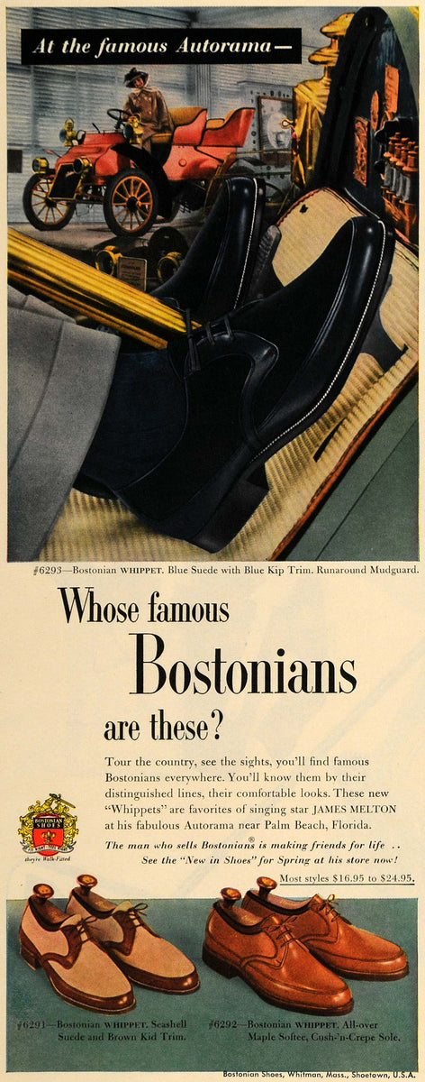 1954 Ad Bostonian Whippet Suede Shoes Logo Footwear MA - ORIGINAL ESQ4 Period Paper Historic Art LLC 1954 Ad Bostonian Whippet Suede Shoes Logo Footwear MA - ORIGINAL ESQ4 Period Paper Historic Art LLC