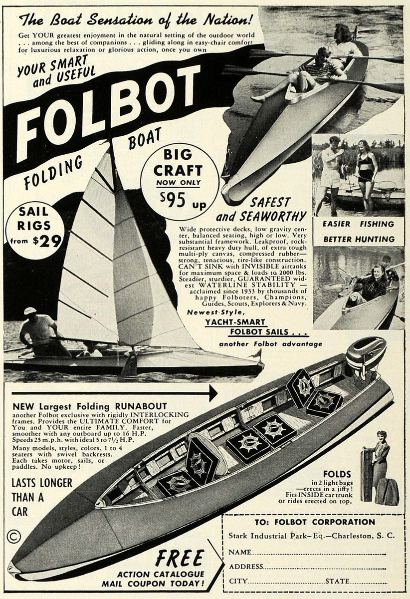1954 Ad Folbot Corp Folding Boat Sail Rigs Watercraft - ORIGINAL