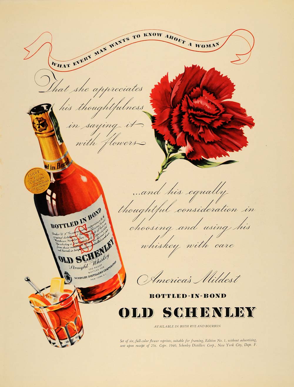 1940 Ad Bottled-in-Bond Old Schenley Whiskey Carnation - ORIGINAL F4A