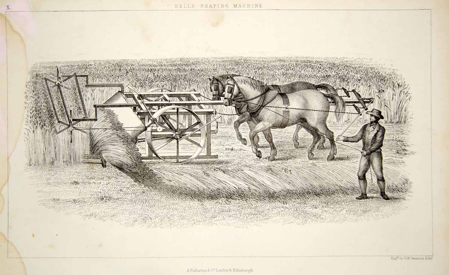 1852 Steel Engraving Antique Bell Reaping Machine Reaper Horses Farming Farm FD1