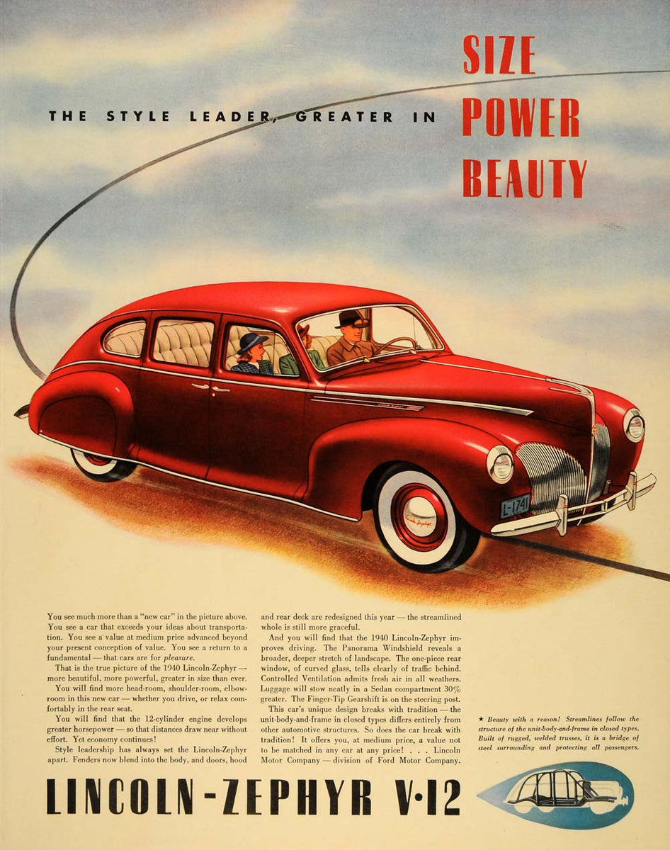 美品】Empire Art DirectのAntique Automobile？ 1939 Ad 1940 Lincoln Zephyr V-12 Red Vintage Automobile - ORIGINAL