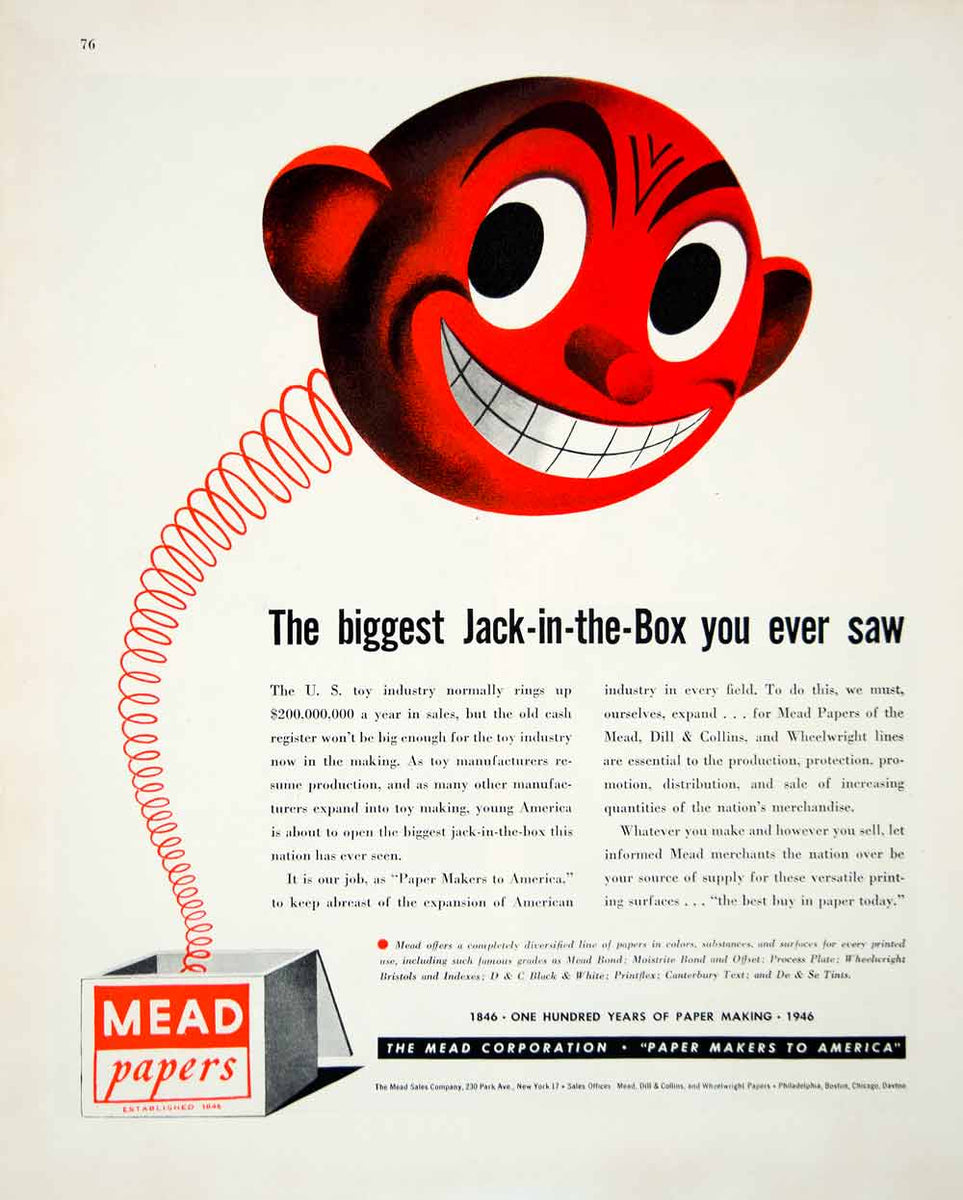 1946 Ad Mead Jack-in-the-Box Red Face Spring Dill Collins