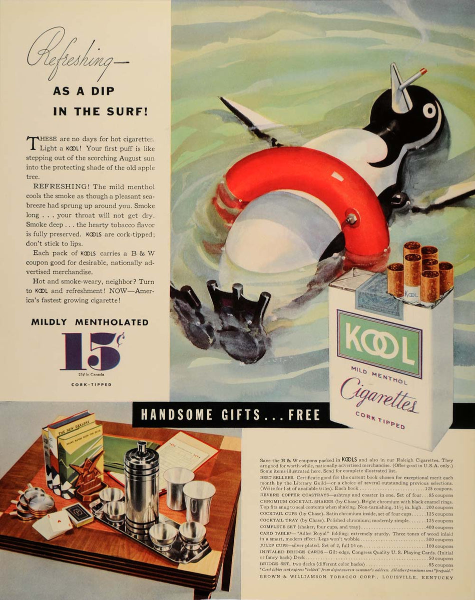 1934 Ad Kool Cigarettes Smoking Penguin Sailing Wheel - ORIGINAL ADVER