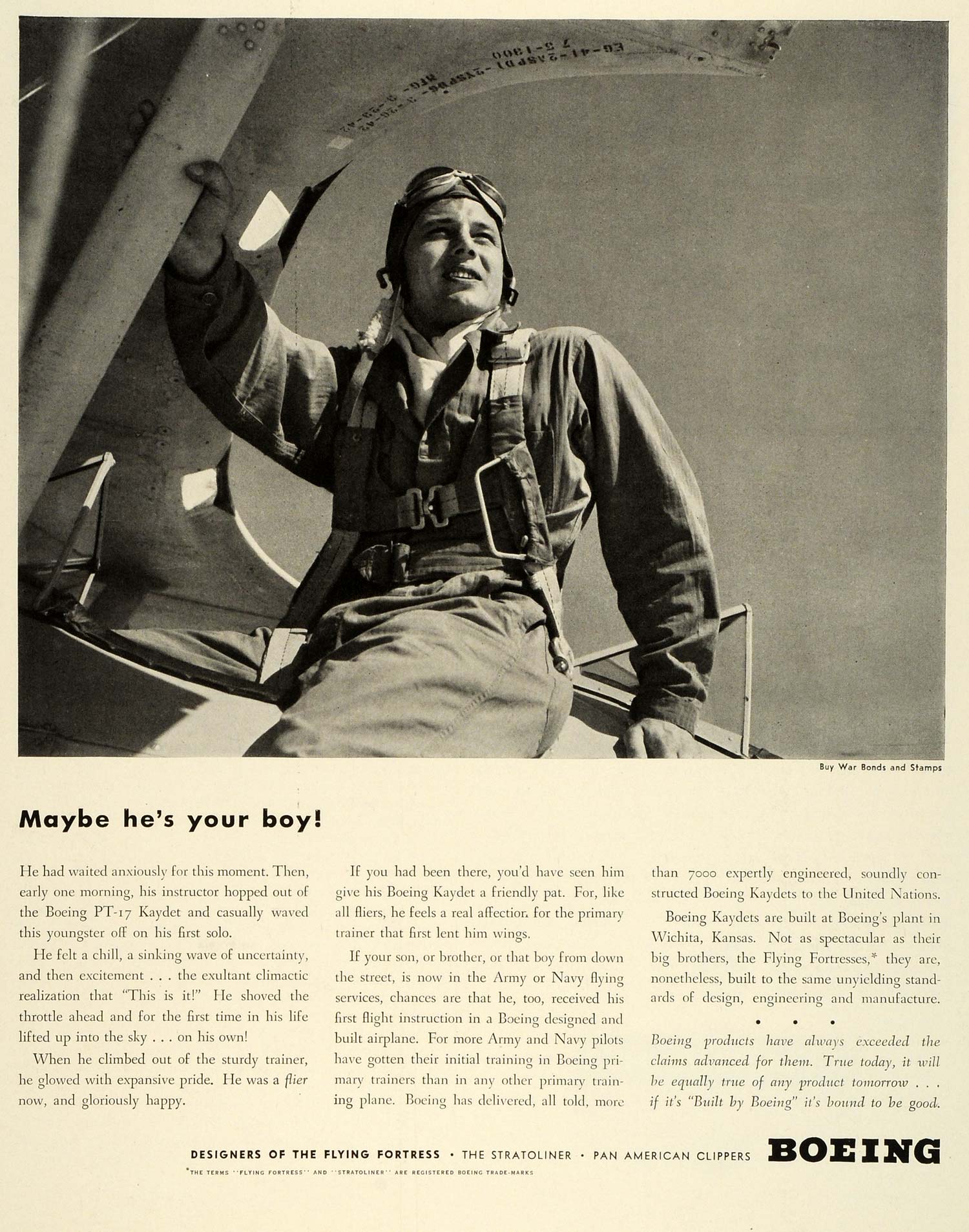 1943 Ad Boeing Co Aerospace Pilot Wartime WWII PT-17 Kaydet Military FZ5