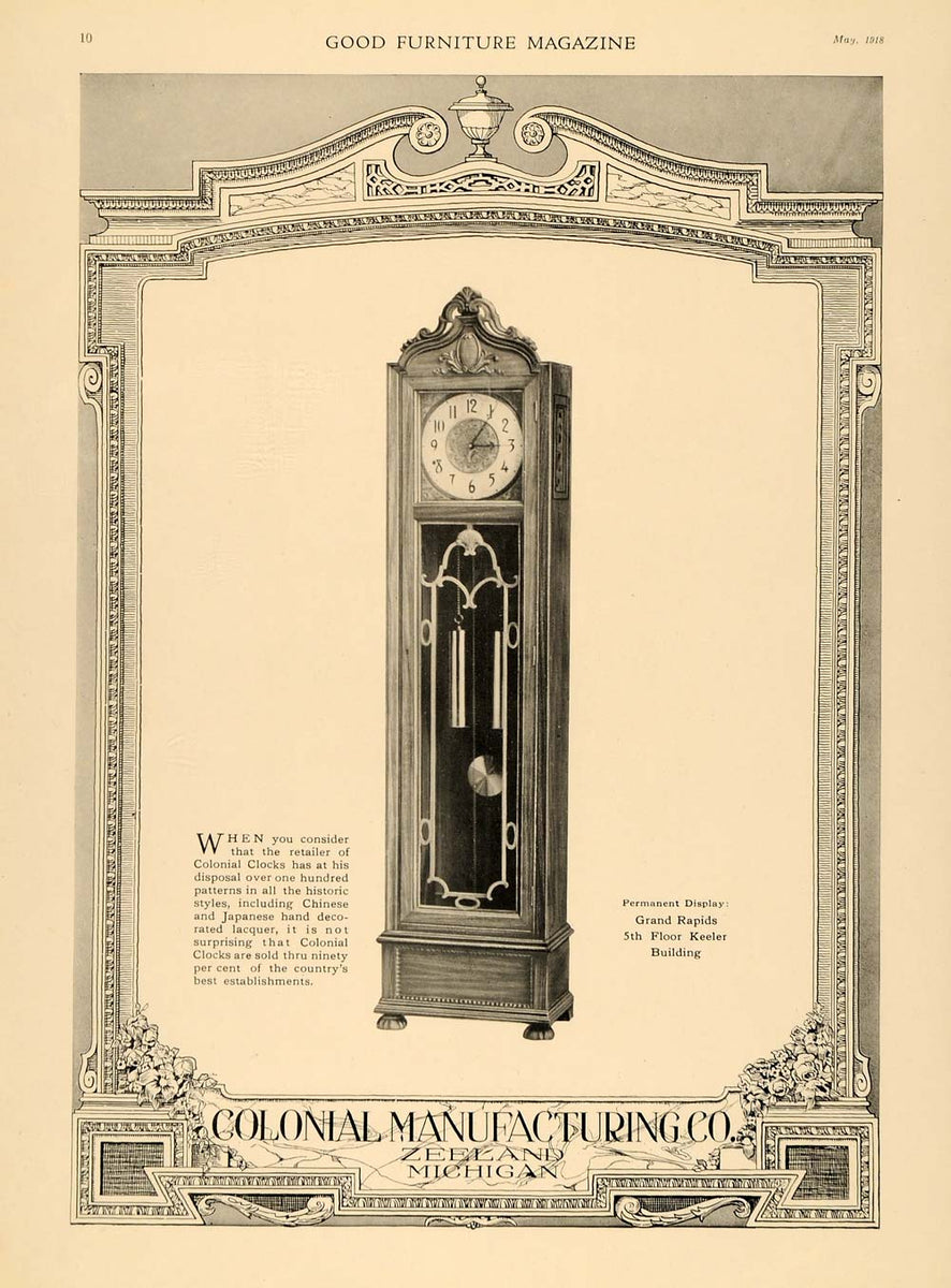 1918 Ad Colonial Manufacturer Grandfather Clock Zeeland - ORIGINAL