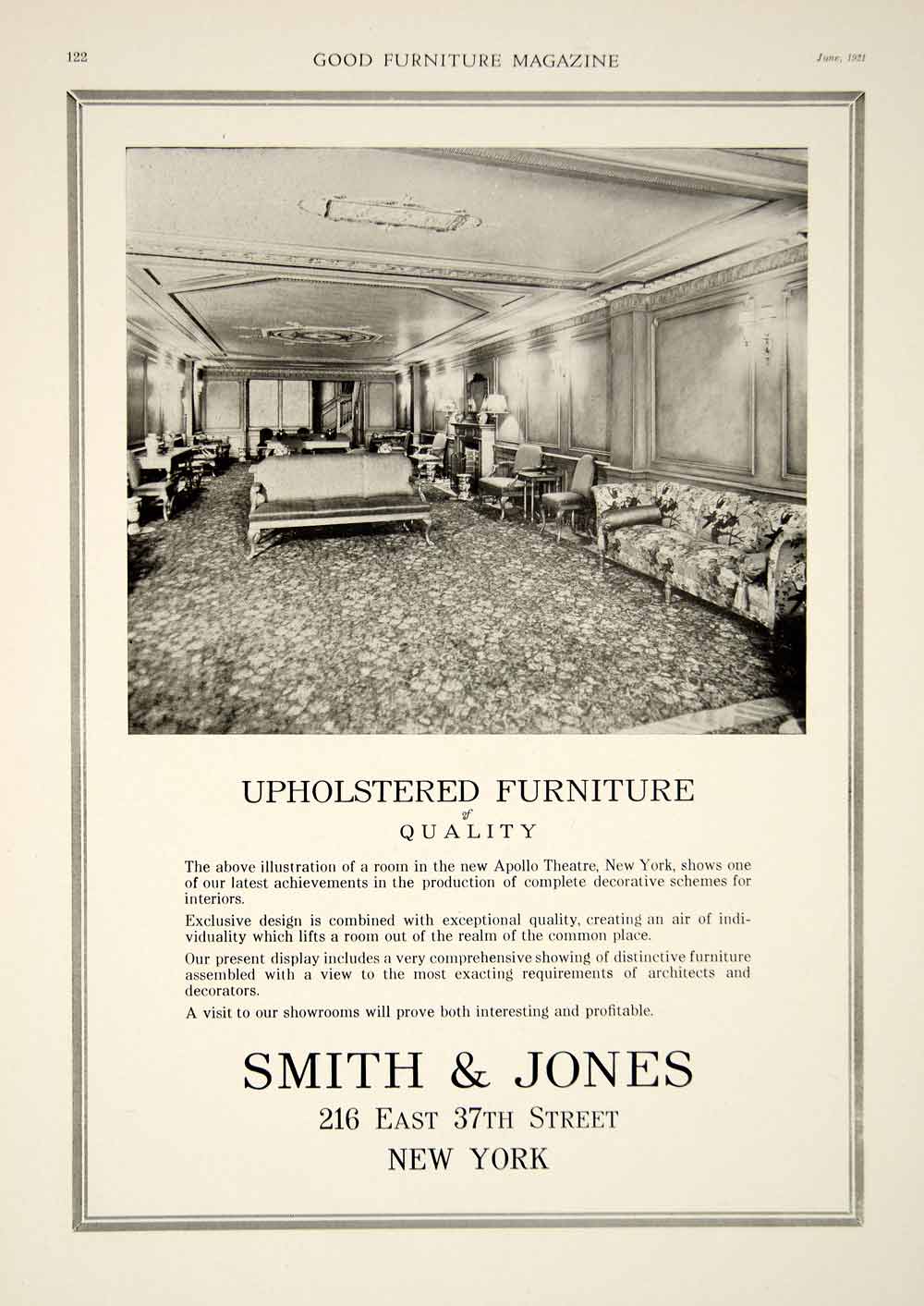 1921 Ad Smith & Jones Furniture Historic Apollo Theatre NYC Interior Decor GF5