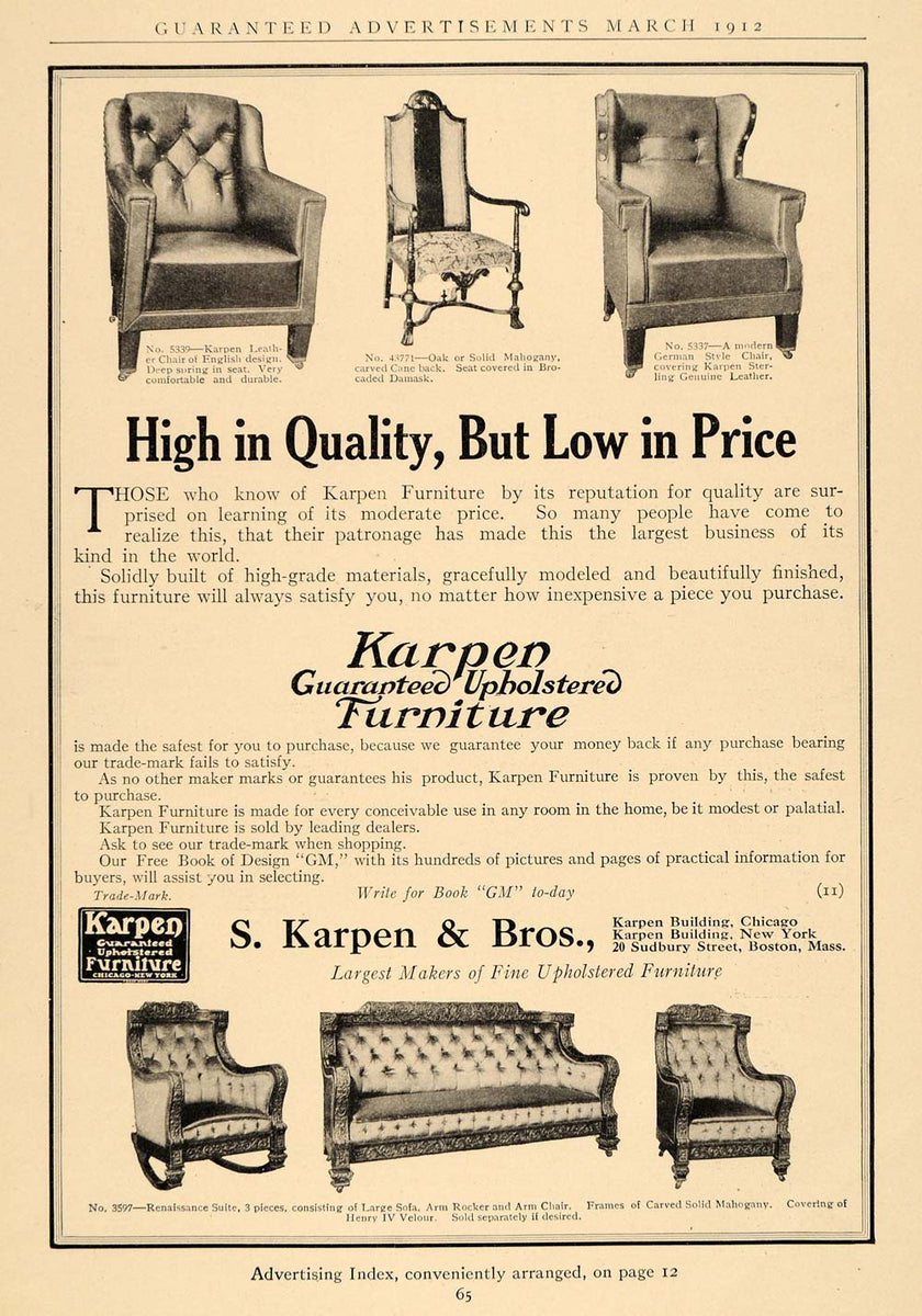 1912 Ad Karpen Upholstered Furniture English Chair Sofa - ORIGINAL