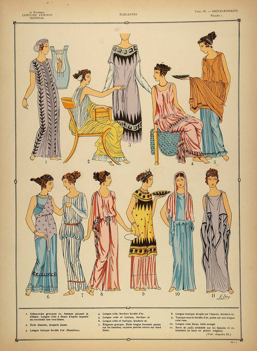 1922 Pochoir Greco Roman Women Costume Stola Tunic Lyre 1922 Pochoir Greco Roman Women Costume Stola Tunic Lyre