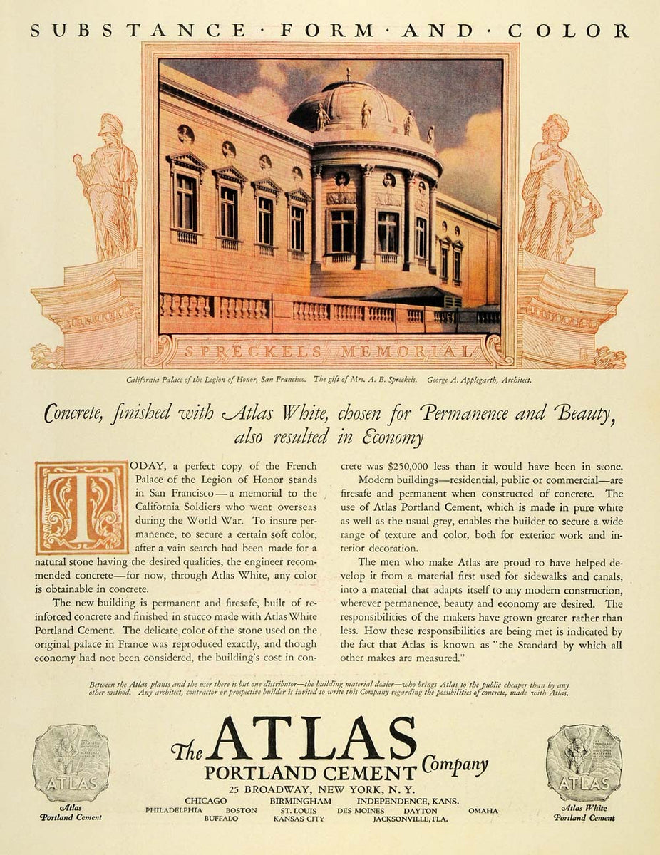 1925 Ad Atlas Portland Cement Spreckels Memorial Legion ORIGINAL HG1