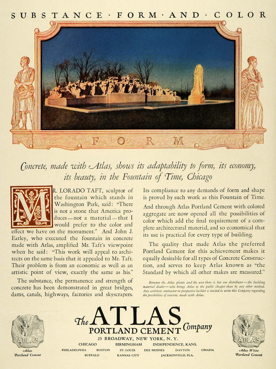 1925 Ad Atlas Portland Cement Rock Fountain Lorado Taft ORIGINAL HG1