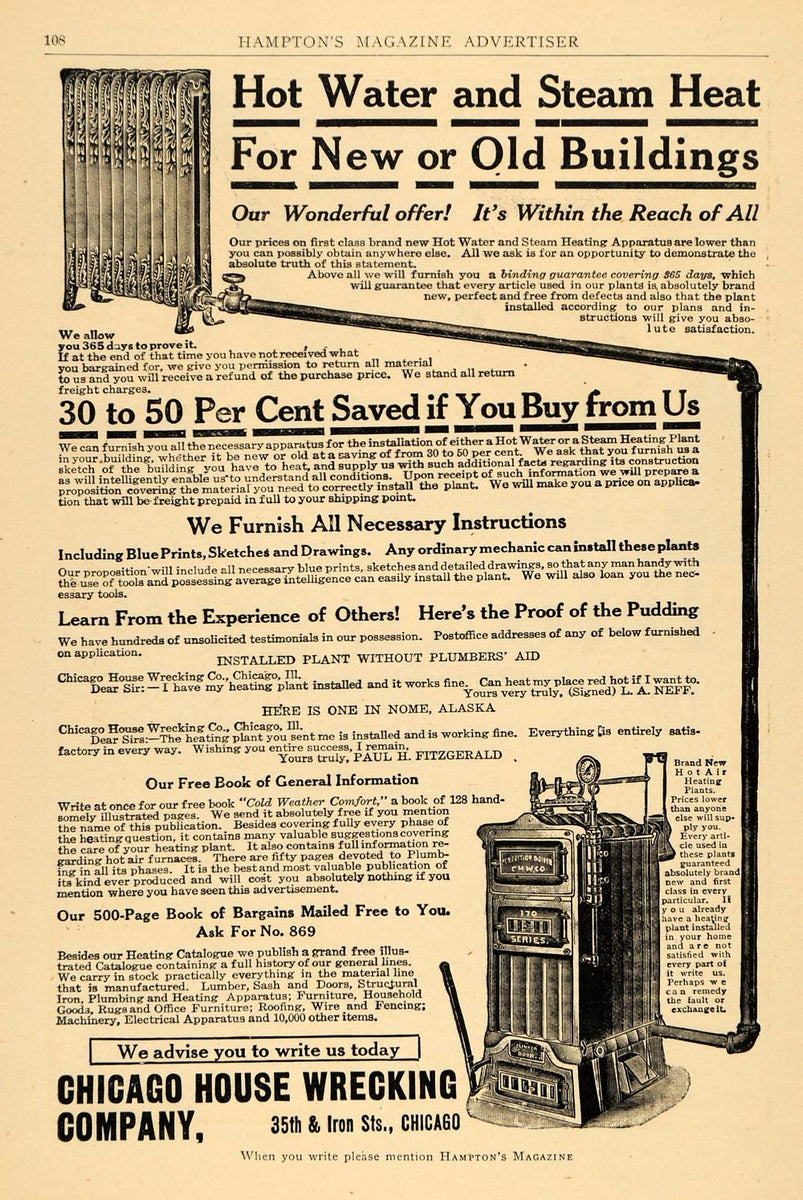 1910 Ad Chicago House Wrecking Hot Water Heating Stoves Heating System