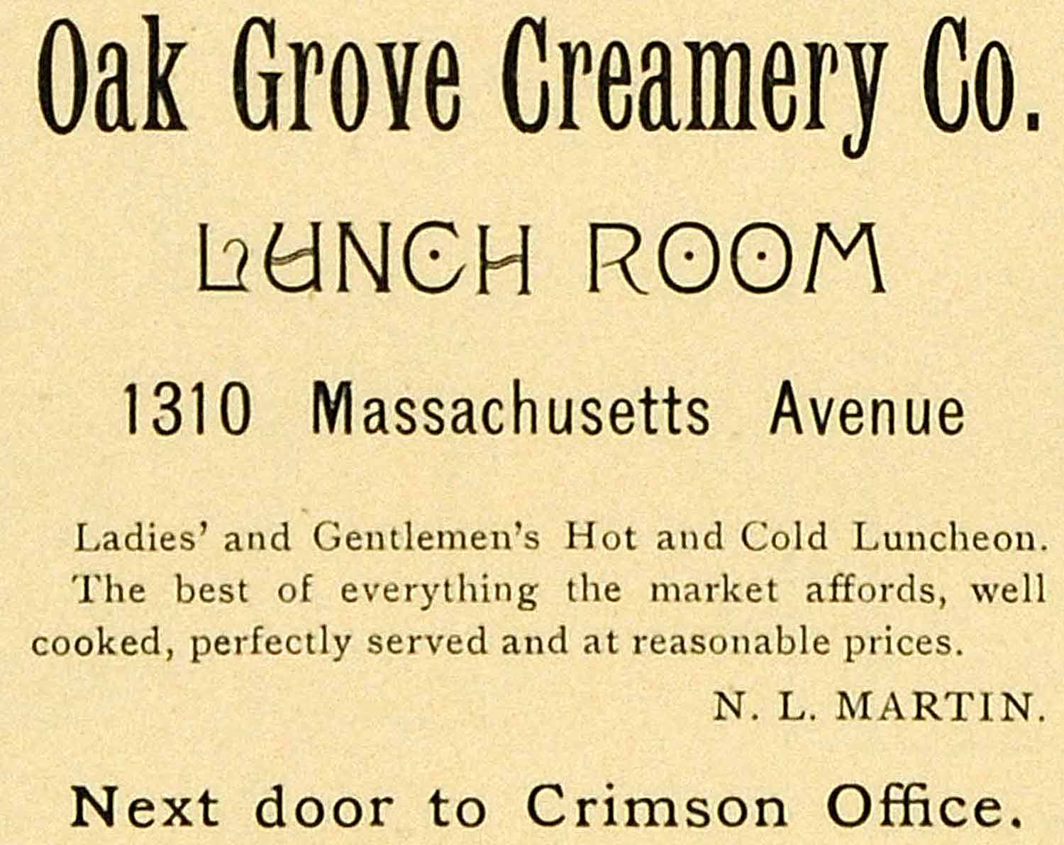1900 Ad Oak Grove Creamery 1310 Massachusetts Ave N L Martin Harvard HVD1