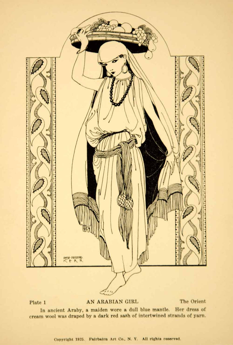 1925 Lithograph Arab Woman Traditional Dress Veil Costume Rose Netzorg – Period Paper Historic Art LLC