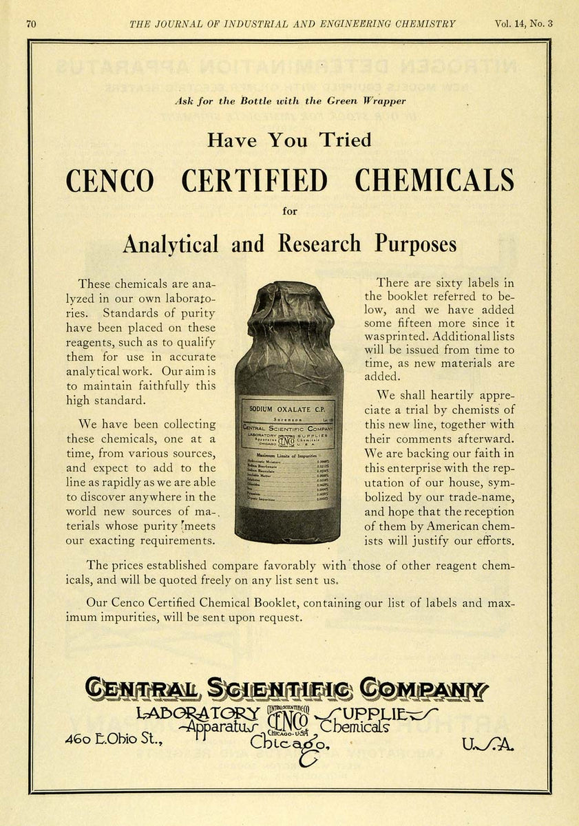 1922 Ad Cenco Certified Chemicals Central Scientific Sodium Oxalate Bo