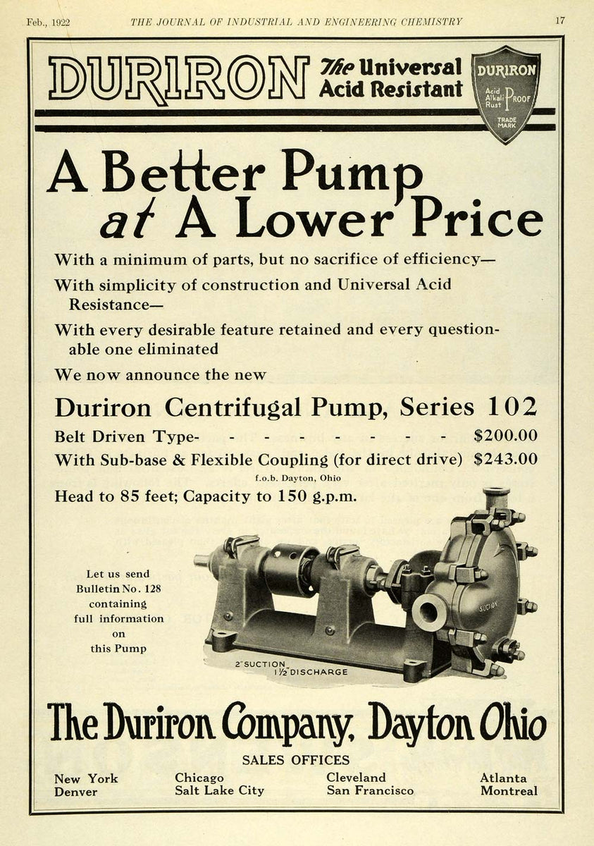 1922 Ad Duriron Centrifugal Pump Series 120 Universal Acid Resistant I