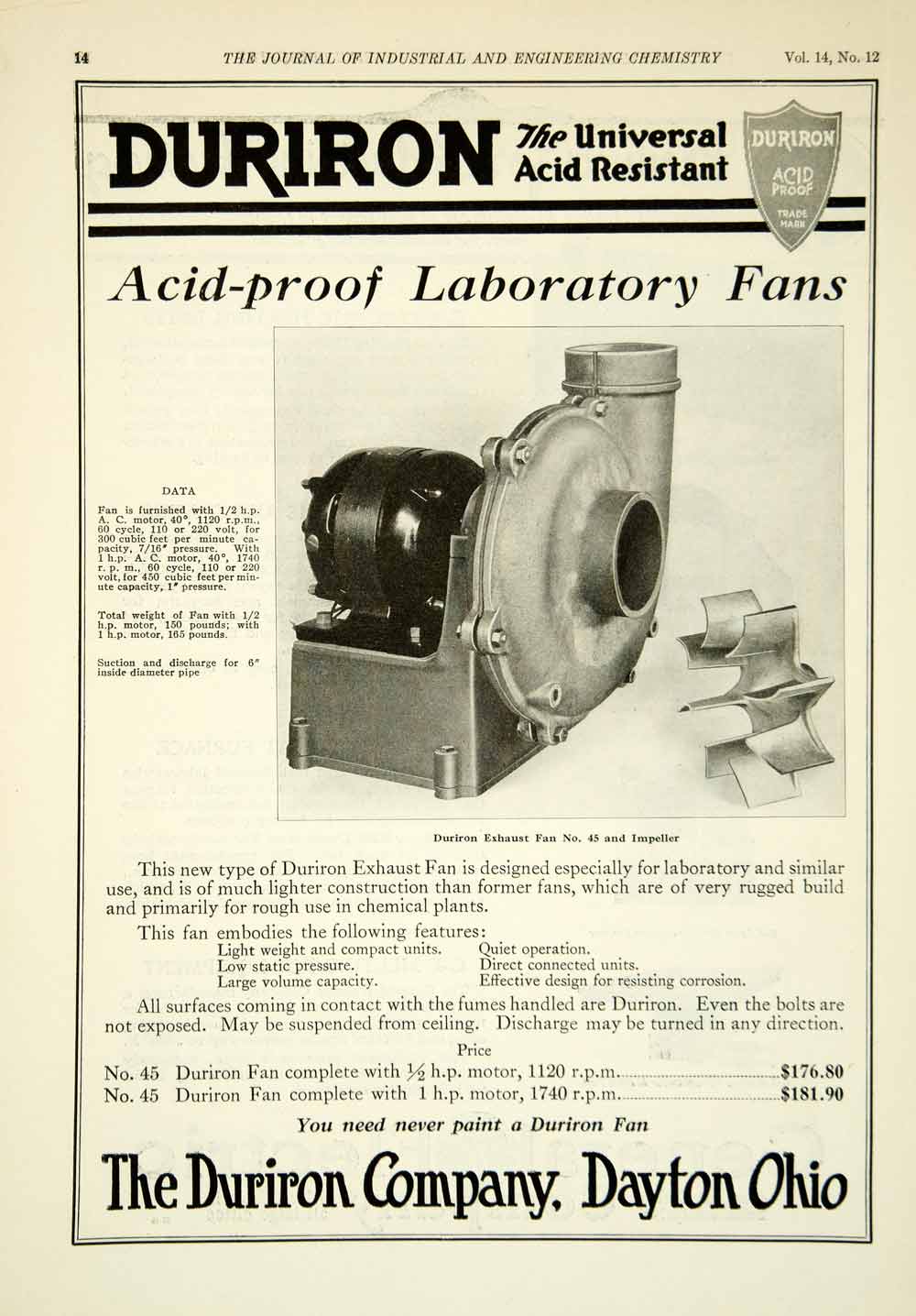 1922 Ad Duriron No 45 Laboratory Exhaust Fan Impeller Industrial Machinery IEC2