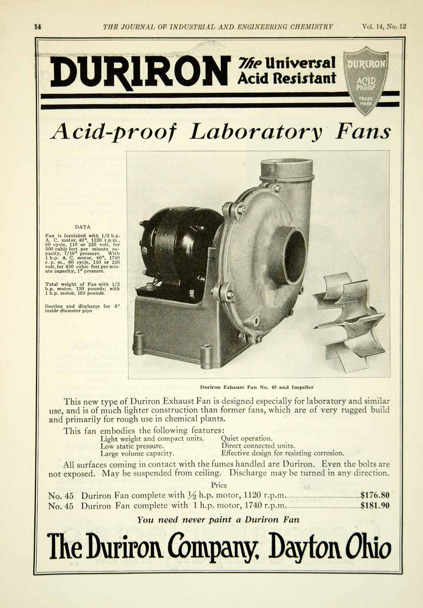 1922 Ad Duriron No 45 Laboratory Exhaust Fan Impeller Industrial Machi