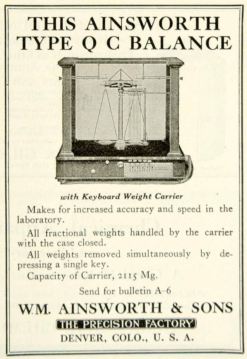 1922 Ad WM Ainsworth Sons Type QC Balance Science Lab Keyboard Weight