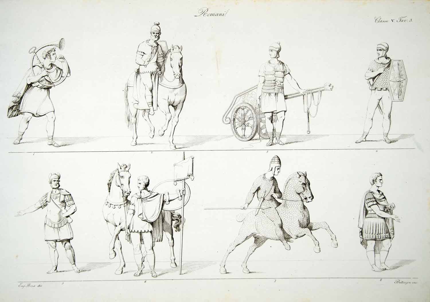 1833 Copper Engraving Bosa Art Ancient Roman Army Military Costume Buccina ILC1