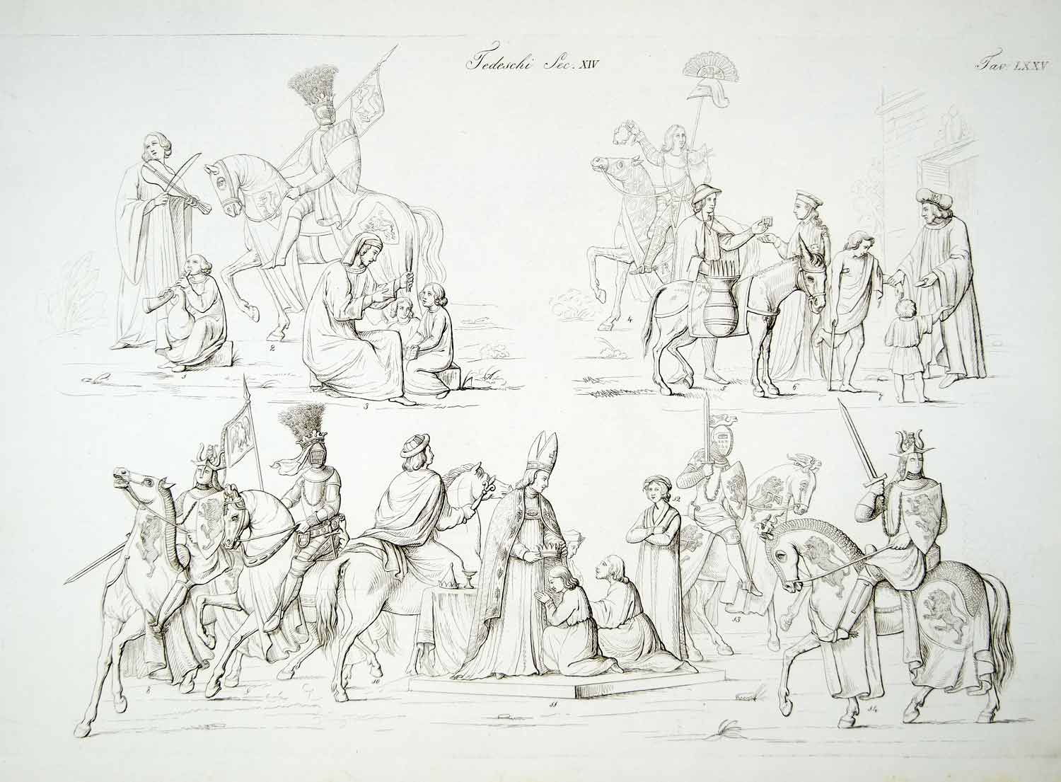 1834 Copper Engraving Costume German Medieval Knights Nobles Doctor Beggars ILC2