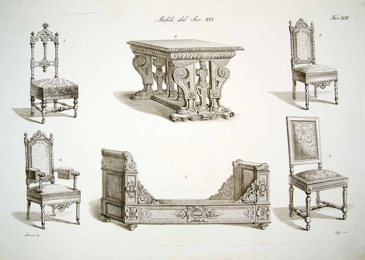 1843 Copper Engraving Antonio Bernati Art Furniture Italian Renaissanc, image size:1200x857