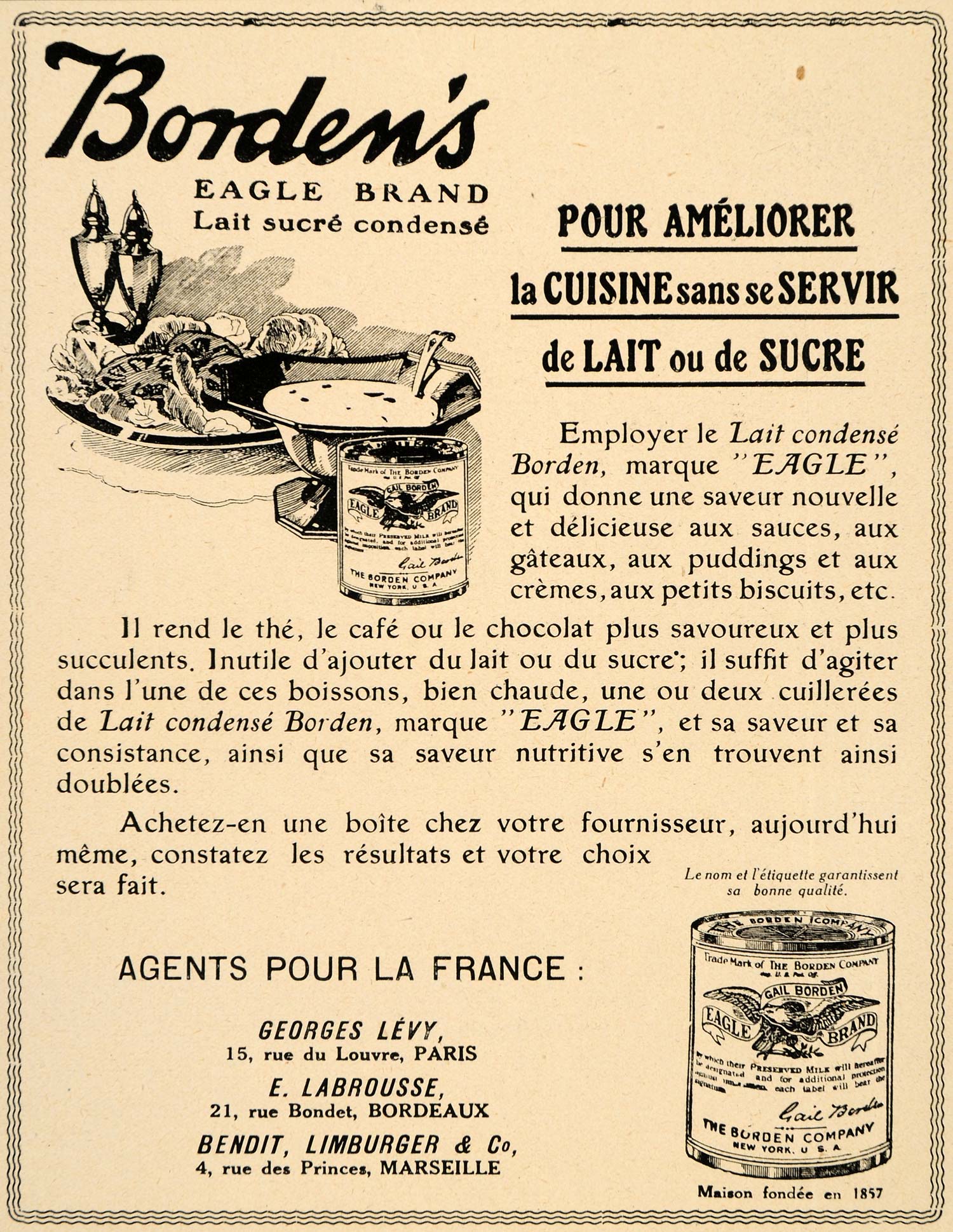 1920 Ad French Bordens Eagle Condensed Milk Lait Canned - ORIGINAL ILL3